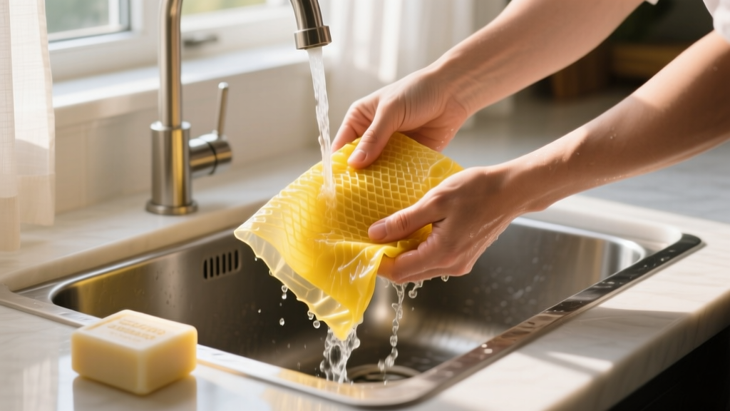 Hands washing a yellow beeswax food wrap under cold running water in a stainless steel farmhouse sink using a bar of natural castile soap