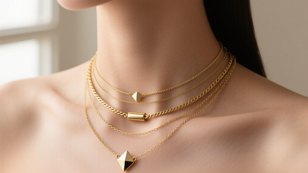 Close-up of a neck showing a layered necklace stack secured by a magnetic spacer clasp to prevent fine gold chains from tangling