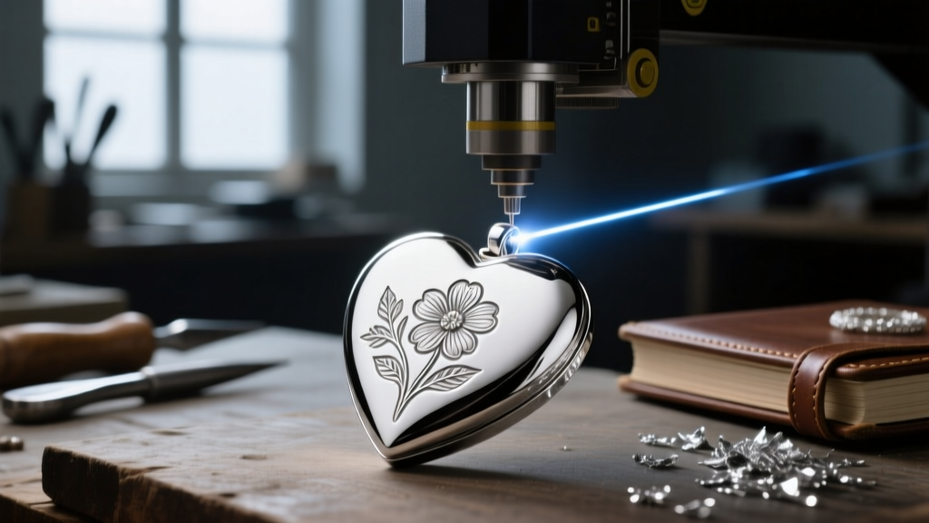 Fiber laser machine etching a delicate floral pattern onto a polished 950 platinum heart locket in a dimly lit jewelry workshop.