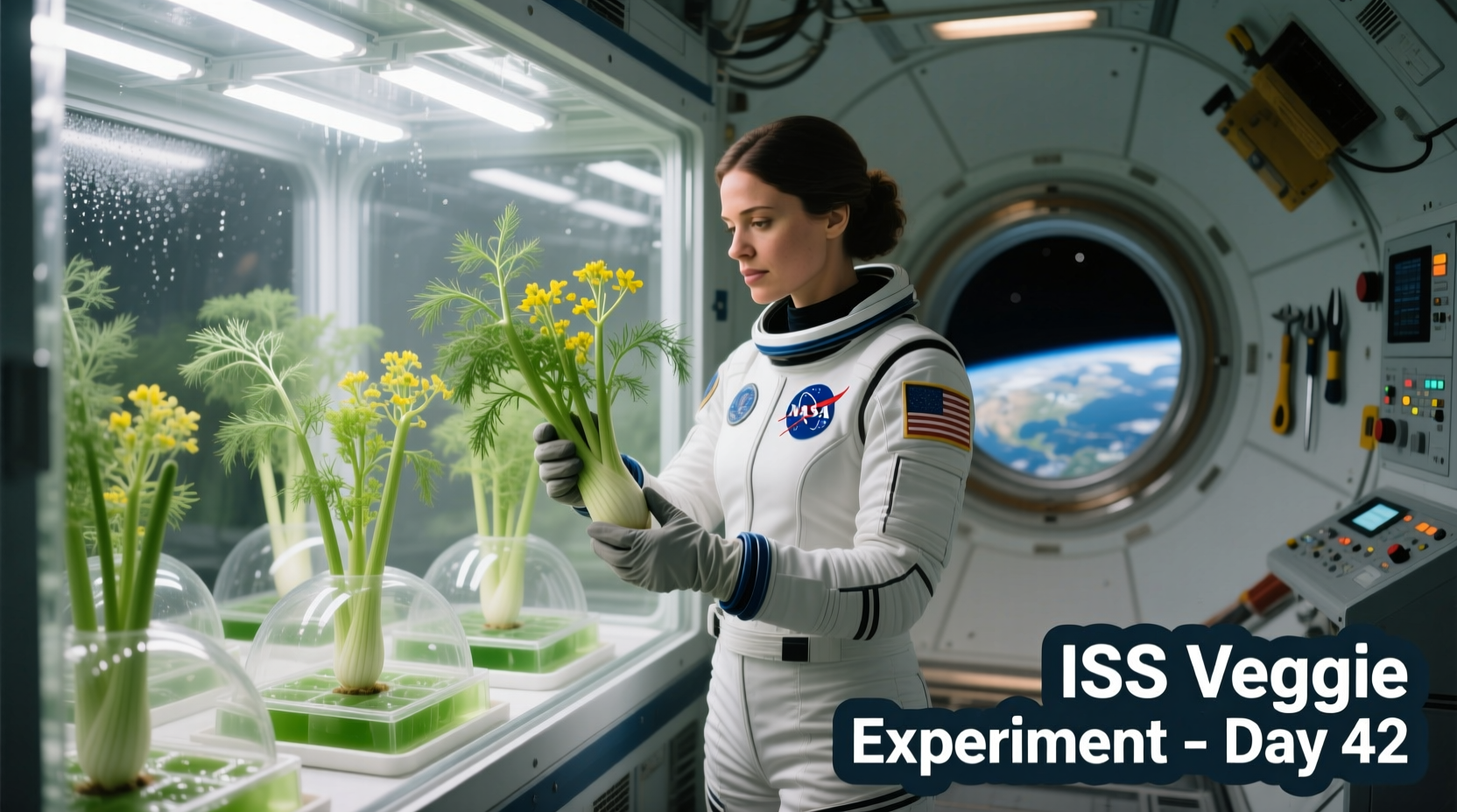 Astronaut harvesting fennel plants in the ISS Veggie growth chamber