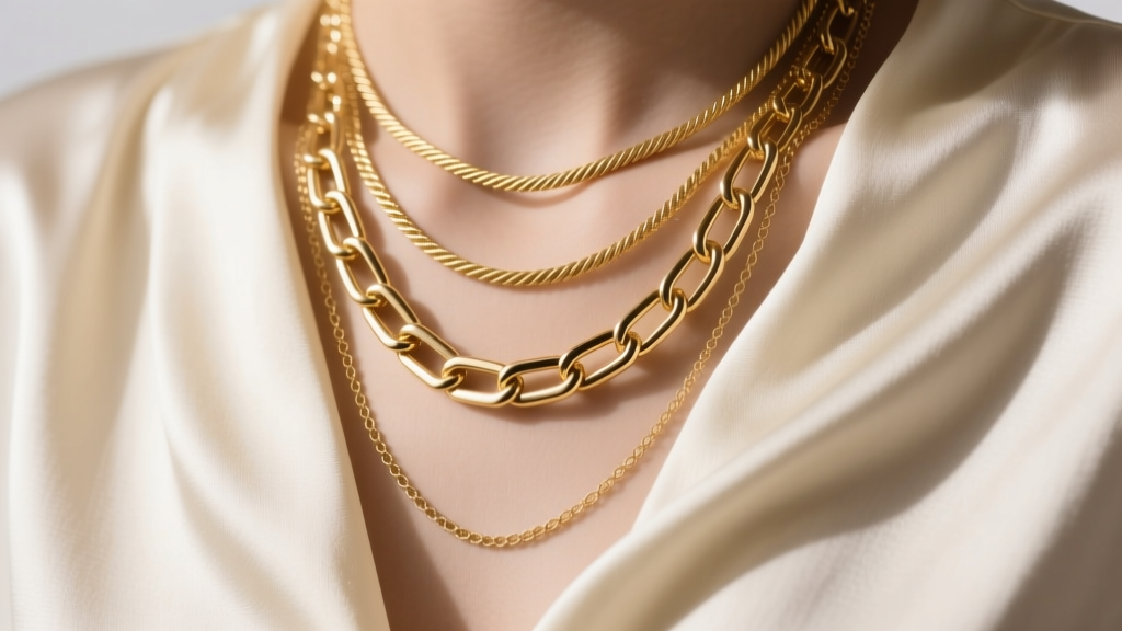 Close up of three layered gold necklaces of varying chain styles resting on a silk blouse under soft studio lighting