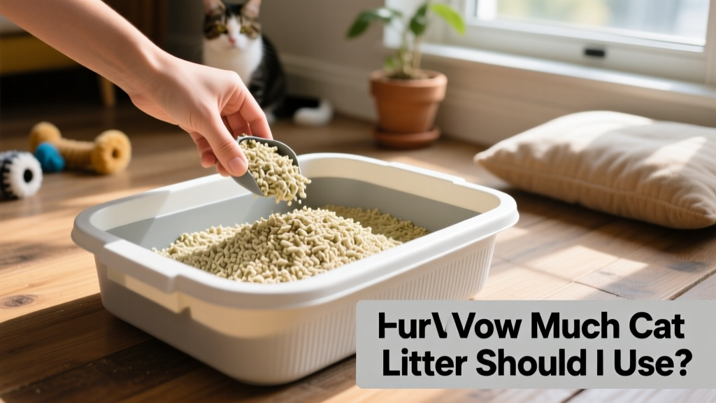 Hand adding fresh FurPetVo clumping litter to a partially scooped litter box, maintaining even 2–3 inch depth