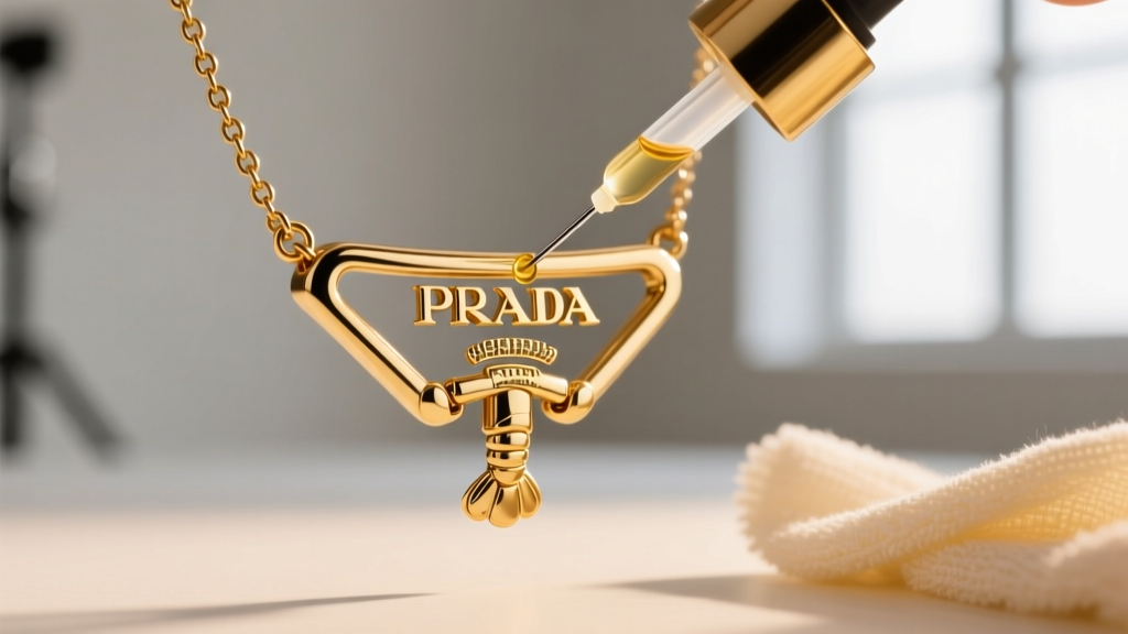 Macro shot of a gold-tone Prada necklace lobster clasp being repaired with a precision oiler and a blurred microfiber cloth.