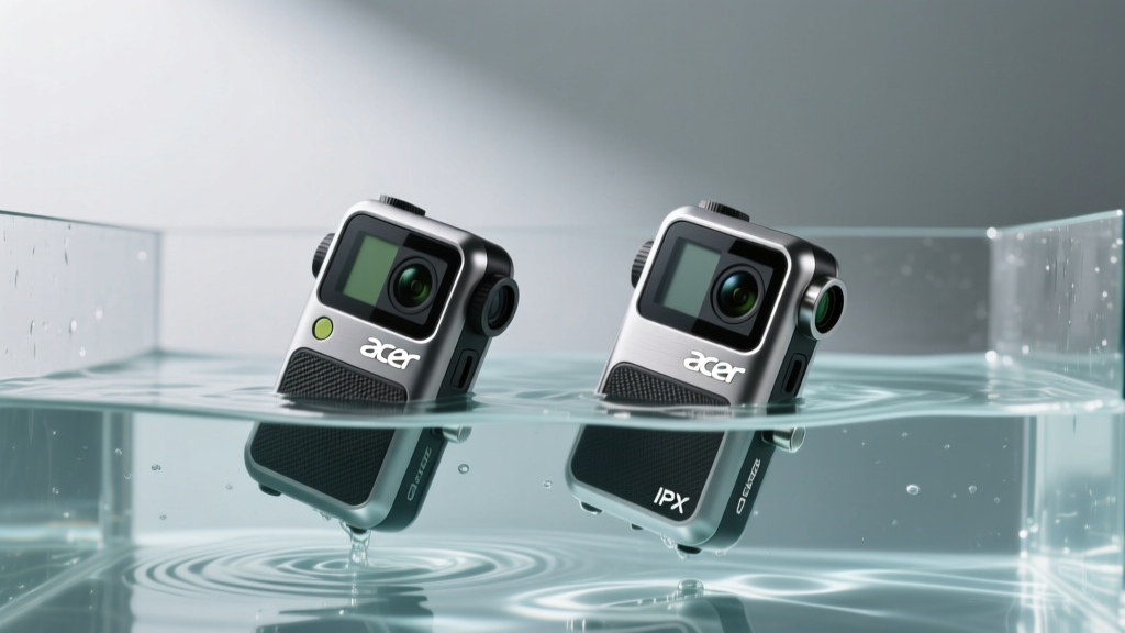 Durability test showing the Acer Gadget rangefinder and a premium competitor partially submerged in a water tank for IPX testing.