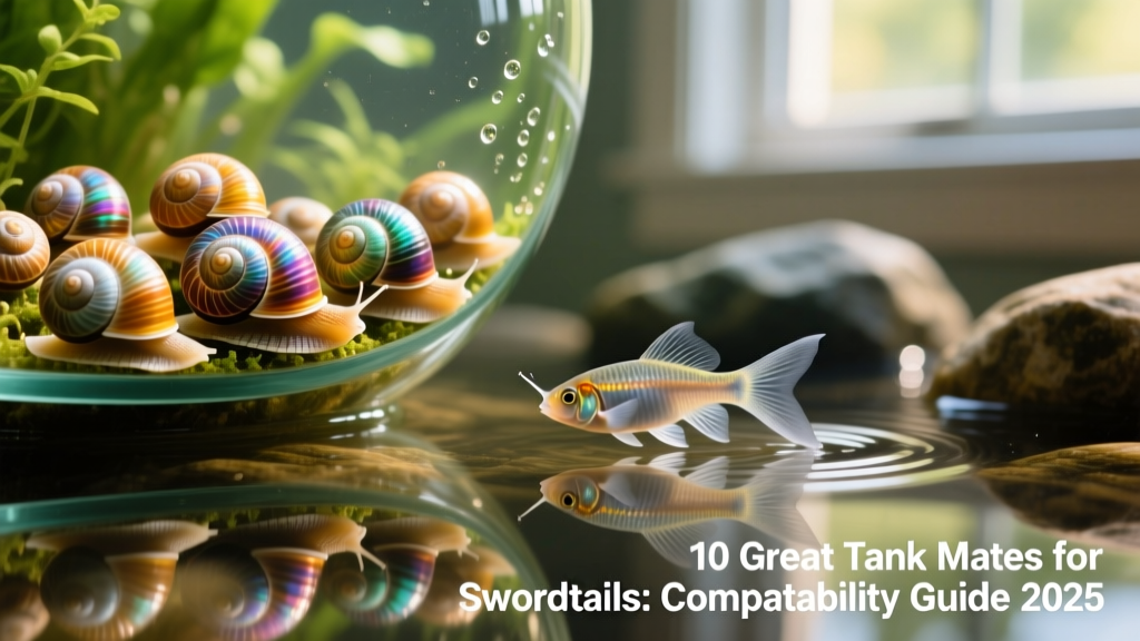 A cluster of colorful nerite snails grazing on aquarium glass beside a swordtail swimming in foreground