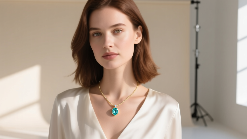 Woman wearing a minimalist 14k white gold Sora necklace with a small aquamarine stone, photographed in bright natural daylight