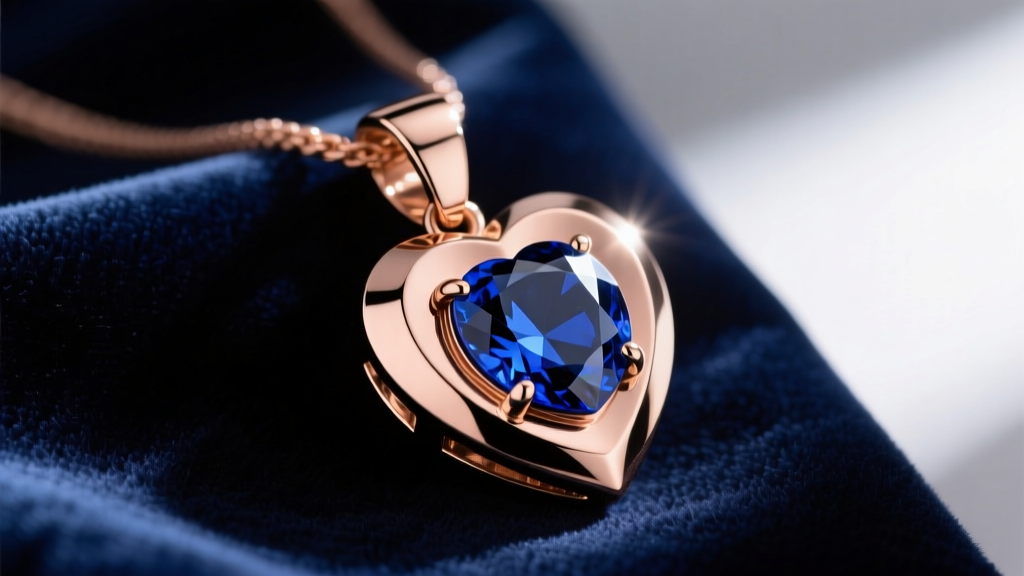 Rose gold PVD titanium Titanic heart pendant with a deep blue synthetic sapphire center stone resting on dark velvet fabric