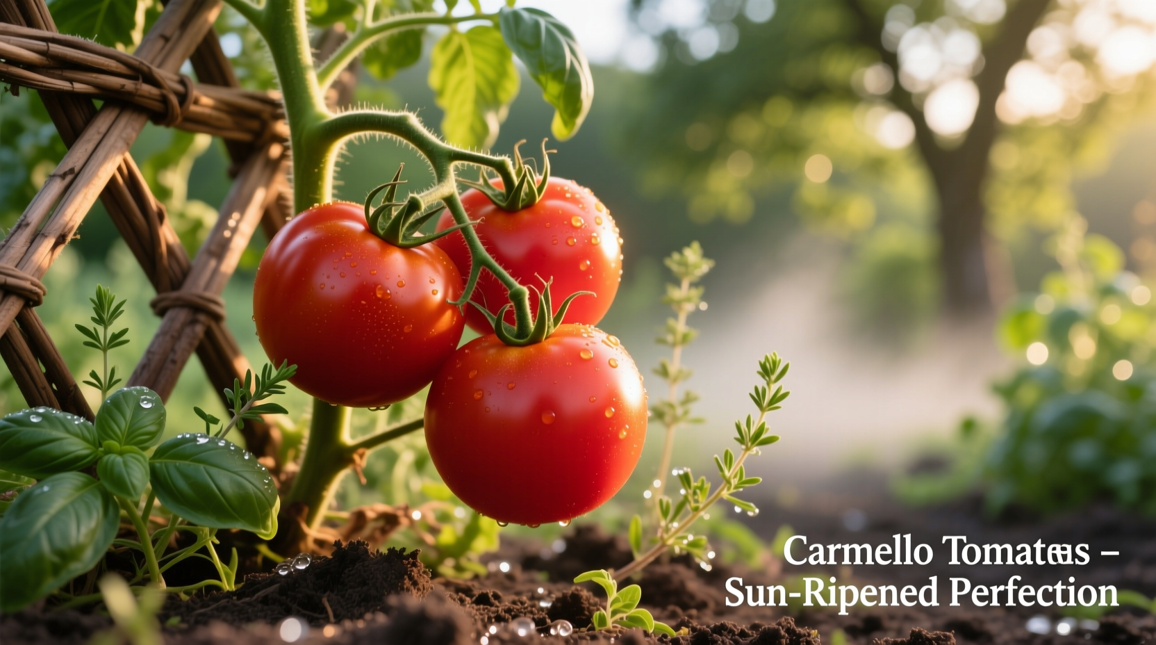 Ripe Carmello tomatoes on vine with garden background