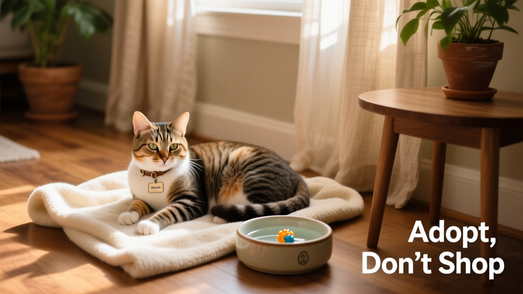 A cozy, well-lit home environment showing a cat curled up on a soft blanket next to a water bowl and toy, with a collar nearby