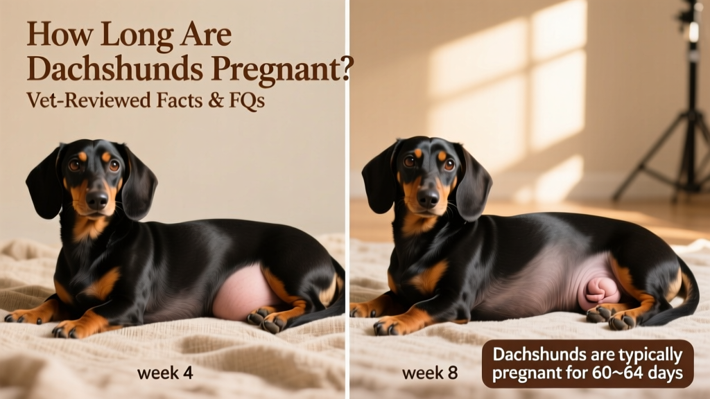 Side-by-side comparison showing a dachshund’s body shape at week 4 versus week 8 of pregnancy