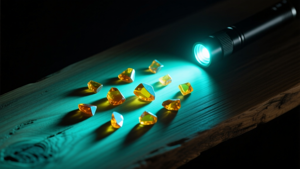 Overhead view of 365nm UV flashlight illuminating amber chips on wood, showing a pale blue-green fluorescent glow in a dark room.