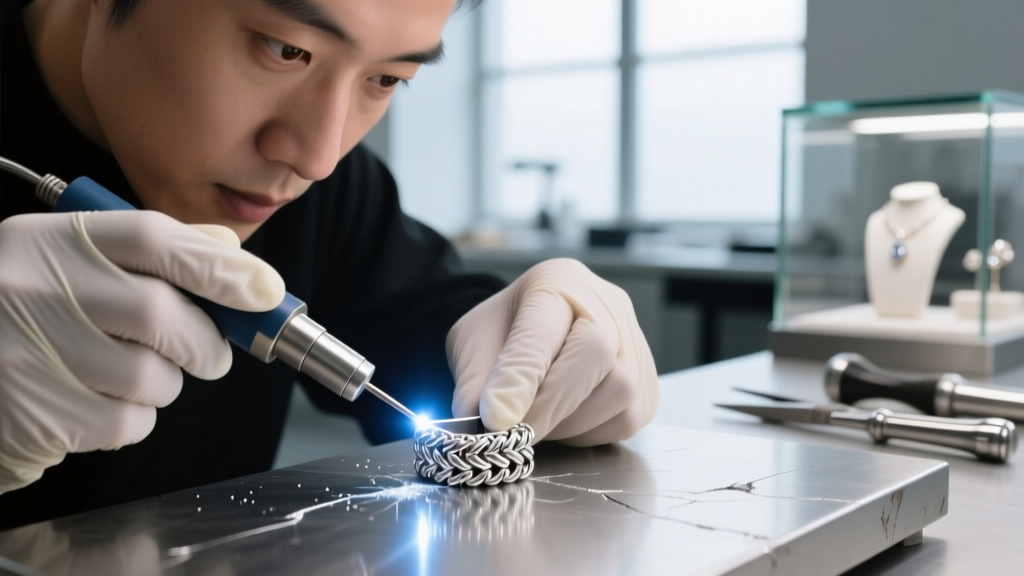 Close-up of a jeweler using a laser welder to repair a micro-fracture on a silver multi-strand box clasp safety latch
