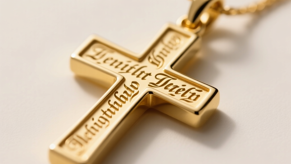 Close-up of a 14k yellow gold cross pendant with deep rotary engraved serif scripture text under soft directional studio lighting