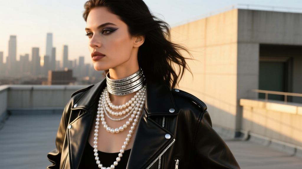 Model wearing a multi-strand pearl and oxidized silver choker with a leather jacket, showing a modern rock-and-roll aesthetic.