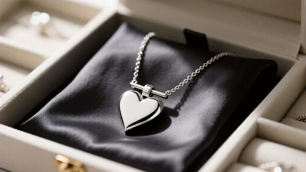 Silver heart toggle necklace resting on an anti-tarnish charcoal cloth inside an organized jewelry box, softly lit from above