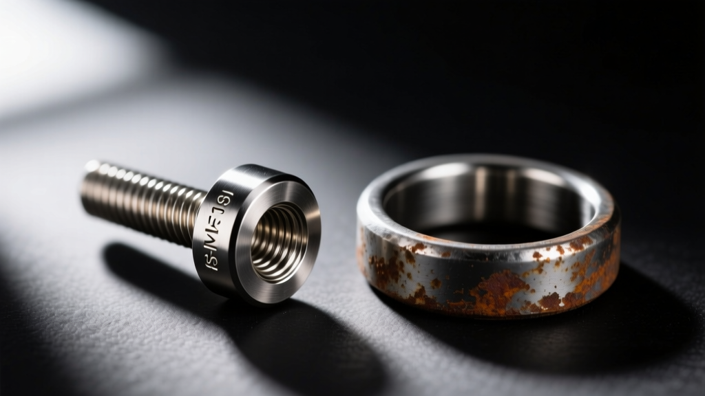 Macro shot of an ASTM F-136 titanium internally threaded navel barbell next to a tarnished steel ring, highlighting metal quality.