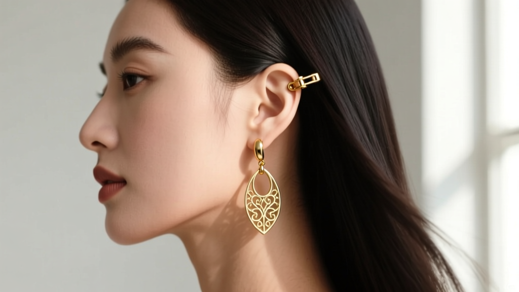 Side view of a woman wearing gold leverback drop earrings, showing the hinged wire closure latched securely behind the earlobe