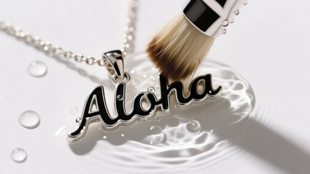 Soft brush gently cleaning the black enamel lettering of a sterling silver Aloha necklace pendant under warm running water