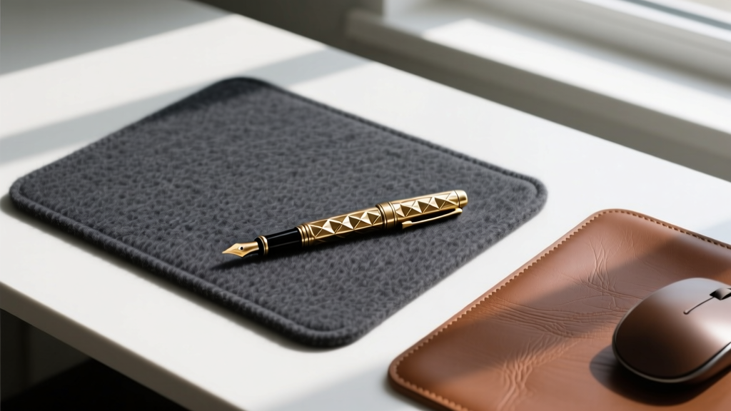 Overhead view of a premium merino wool desk pad in charcoal gray paired with a brass pen and leather mousepad