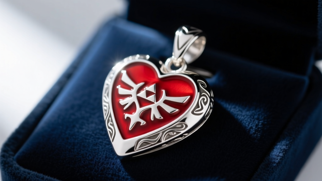 Close-up of a 925 sterling silver Zelda Heart Container pendant with vibrant red cold enamel, resting on a dark velvet display pad