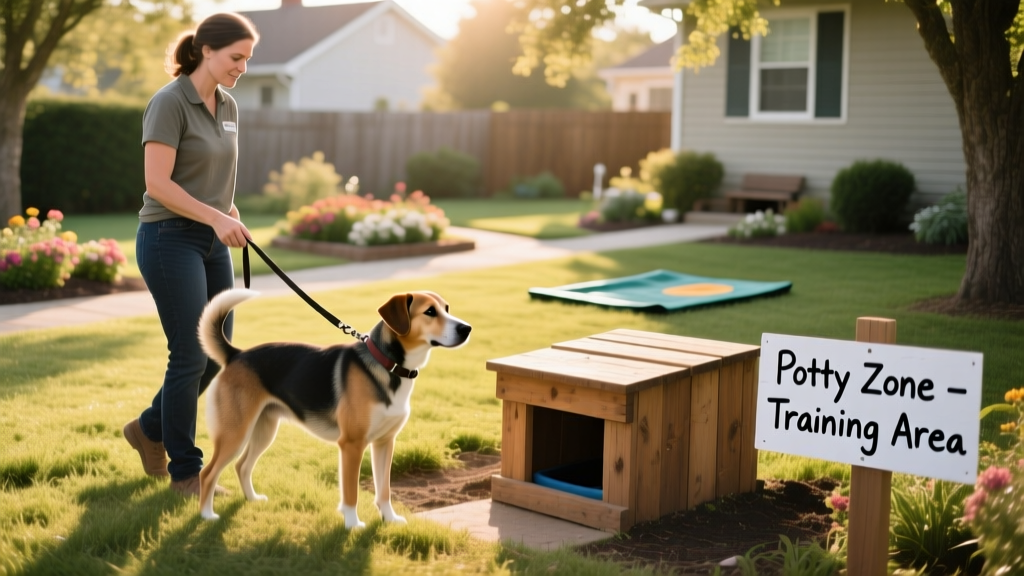 A person gently guiding a dog on a leash toward a designated outdoor potty area