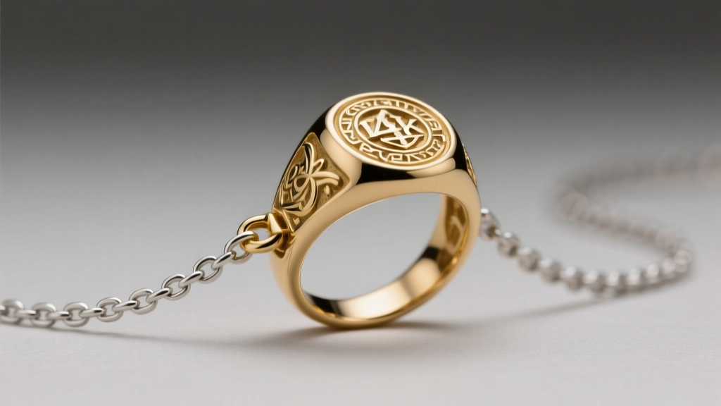 Close-up of a vintage 14k gold signet ring threaded onto a 2mm sterling silver box chain via a hinged bail, soft studio lighting.