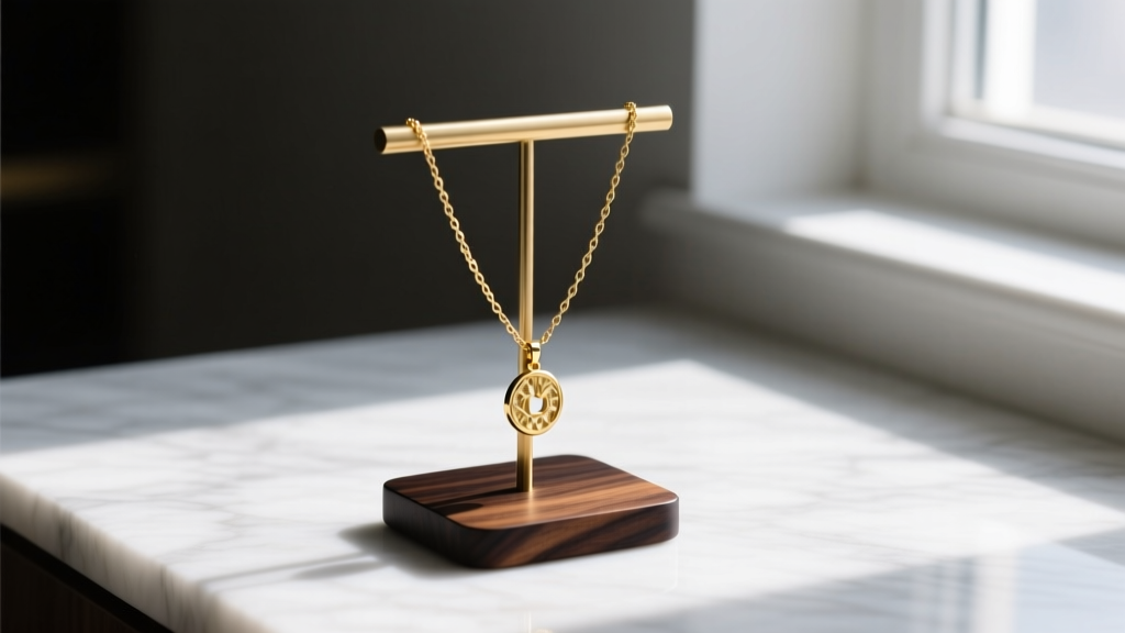 Black walnut and brass DIY necklace stand on white marble, displaying a delicate gold pendant chain in soft morning light