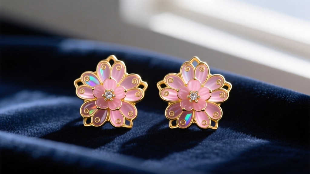 Macro shot of vintage guilloché enamel flower earrings with translucent pink glass over engraved gold, resting on dark velvet fabric.