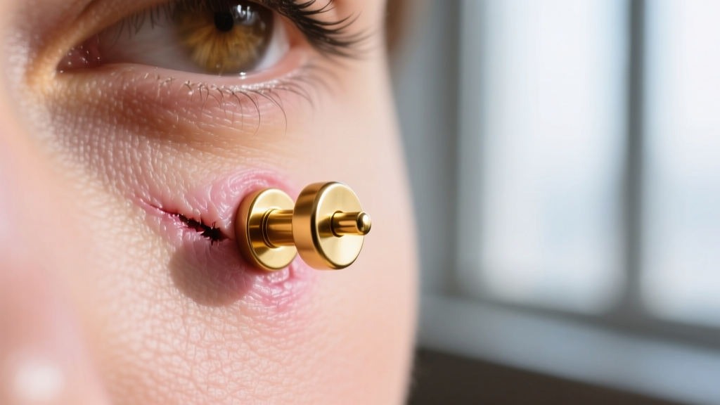 Close-up of a healed cartilage piercing wearing a 16-gauge gold threadless labret stud, showing the seamless fit against the skin.