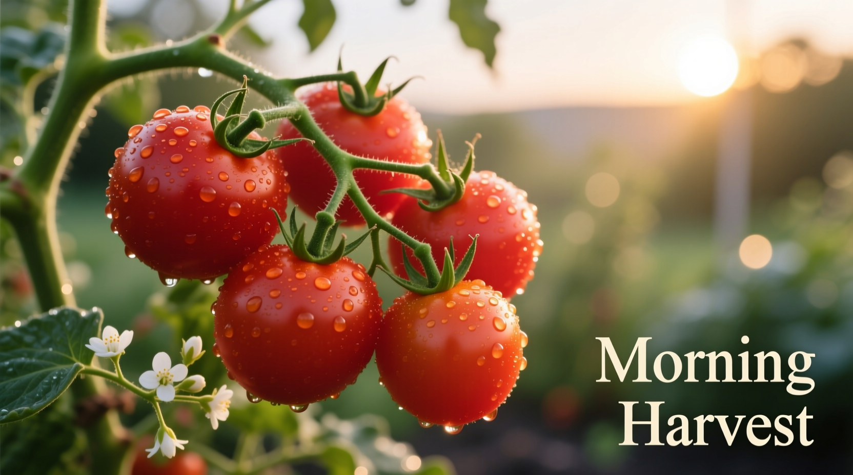 Ripe red cherry tomatoes on vine with morning dew