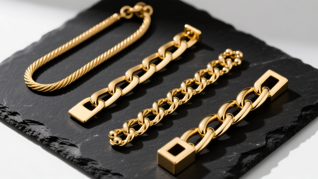 Top-down view of four gold linked chain necklace styles on dark slate, showing cable, curb, figaro, and box link metal details.