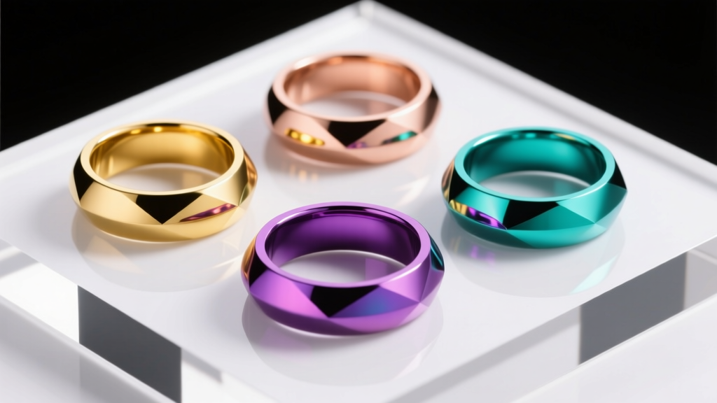 Anodized titanium segment rings displaying gold, rose, purple, and teal colors under bright, clean studio lighting.