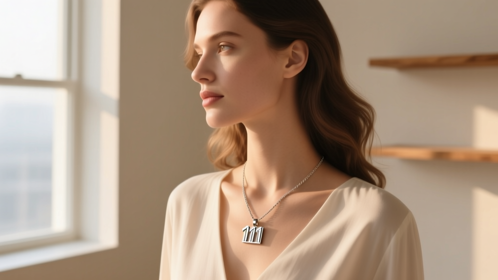 Woman wearing an 111 laser-engraved bar pendant on a thin 1.2mm box chain, photographed in warm, soft natural sunlight.
