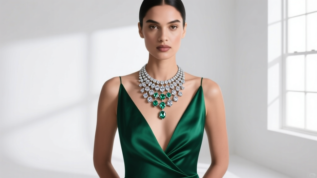 Model in a deep V emerald gown, wearing a tiered lab diamond Patiala necklace resting gracefully against her bare collarbone.