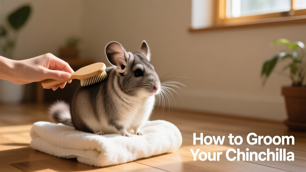 A calm chinchilla sitting on a soft towel while being gently brushed