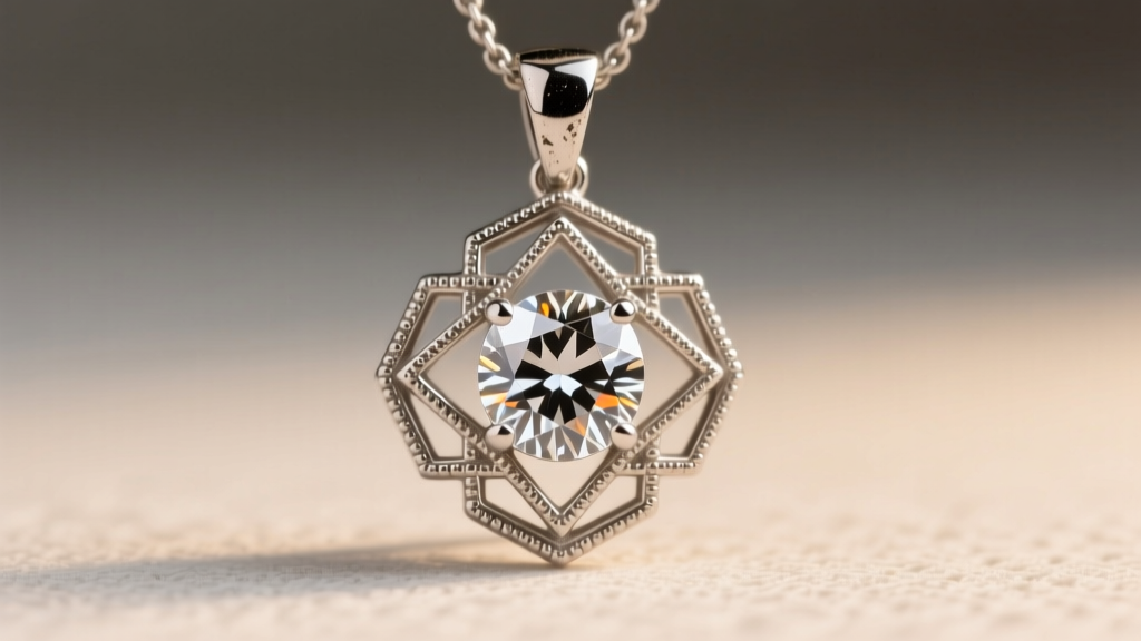 Macro shot of a platinum Art Deco vintage diamond pendant necklace with an Old European cut stone and fine milgrain edges