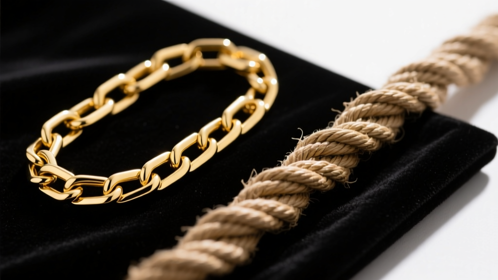 Macro shot of a smooth gold box chain next to a twisted rope chain on dark velvet, highlighting structural link differences
