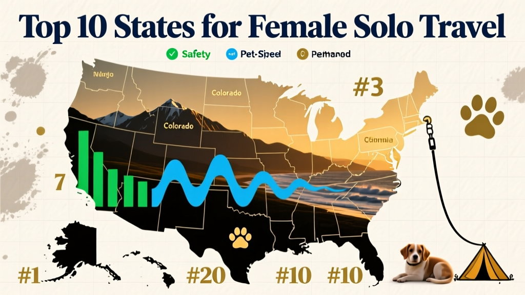Infographic showing the top 10 U.S. states for female solo travel, ranked visually with data points for safety, internet speed, and pet-sitting demand