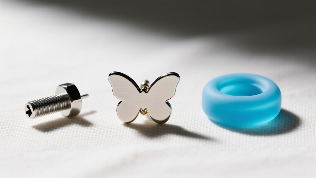 Flat lay comparing a standard butterfly clutch earring back next to a heavy-duty screw-back and a wide silicone stabilizer disc