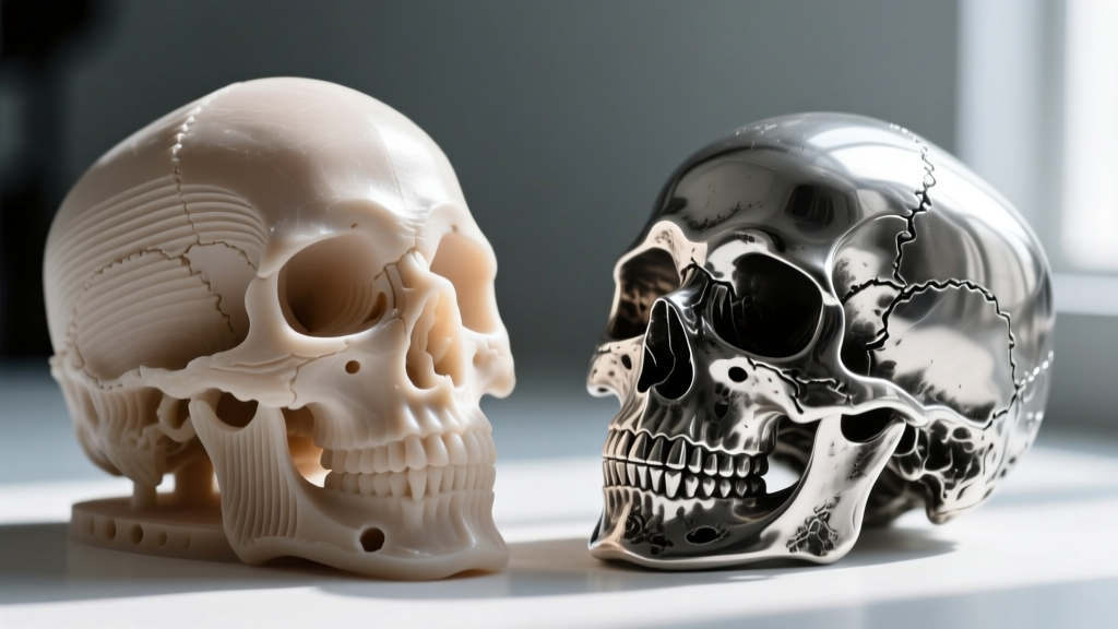 Close-up of a raw 3D printed resin skull model next to a finished oxidized sterling silver skull, showing the casting sprue mark.