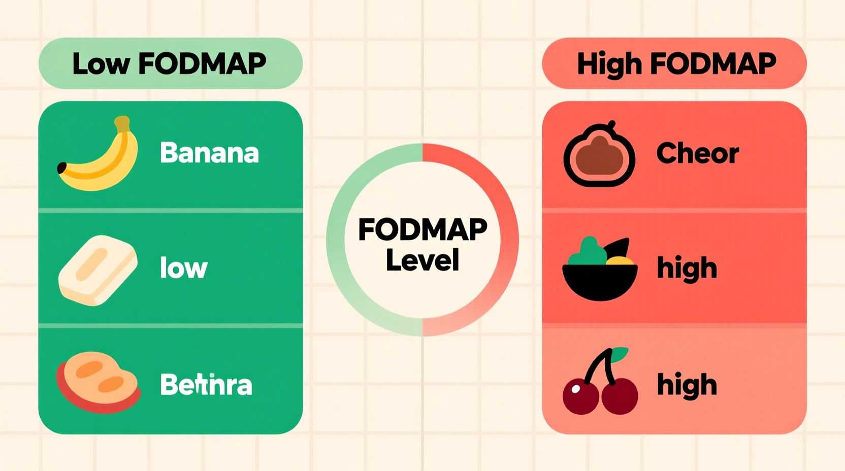 Colorful chart comparing high and low FODMAP food options