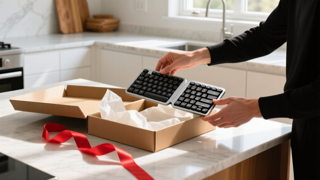 Person unboxing a split ergonomic keyboard on a kitchen island with tissue paper and a red ribbon scattered around the cardboard packaging