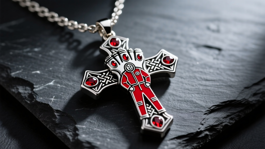 Macro shot of a detailed cross necklace blending Thanos and Squid Game motifs, resting on dark slate