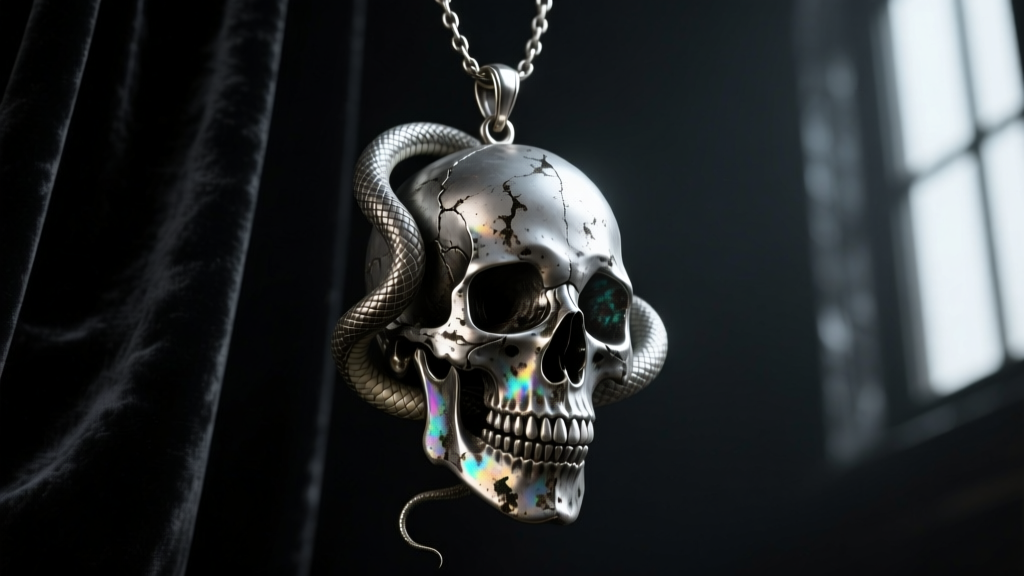Oxidized silver skull and snake pendant on black velvet, lit by moody lighting to highlight dark gothic metal textures.