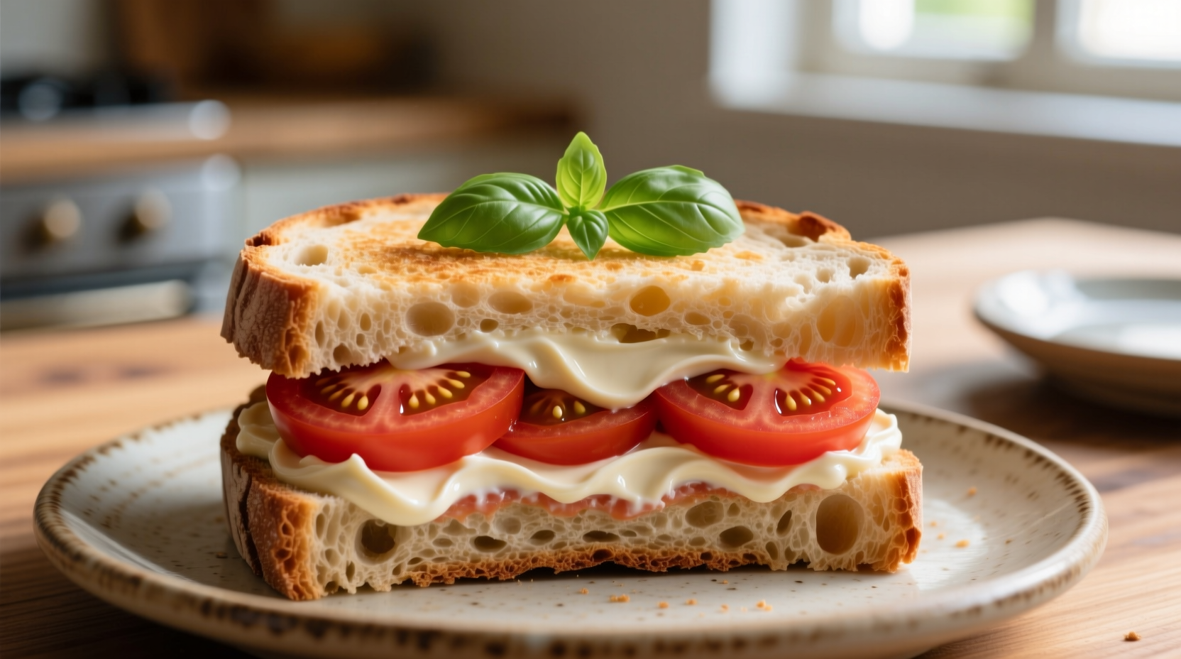Perfectly assembled tomato and mayonnaise sandwich on rustic bread
