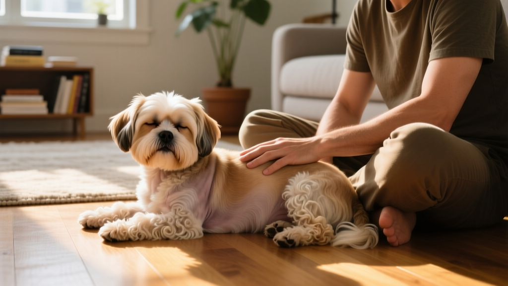 A neutered male Shih Tzu resting beside his owner on the floor, showing relaxed body language and close proximity