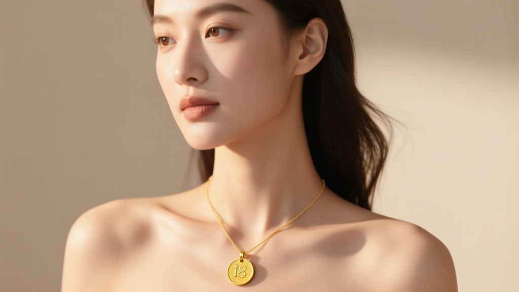 Elegant woman wearing a minimalist 18k yellow gold coin necklace resting on her collarbone, soft natural sunlight, neutral tone