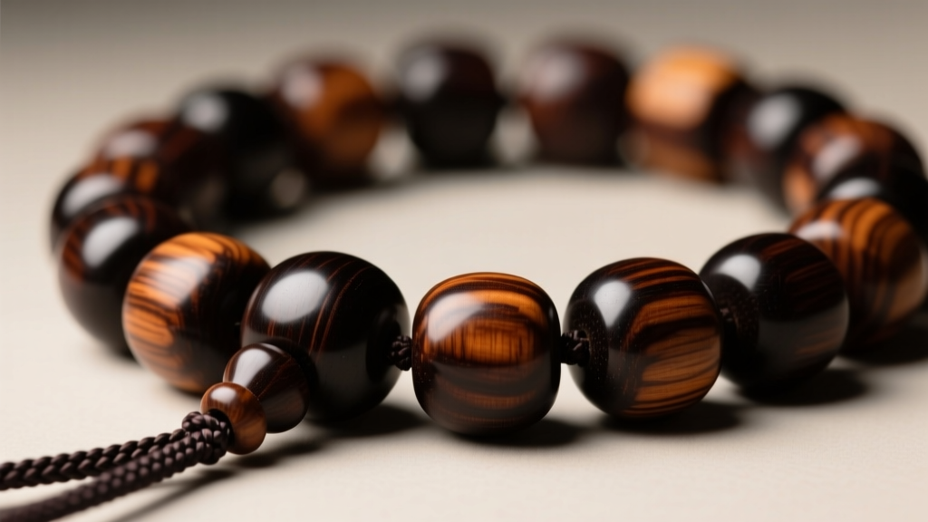 Close-up macro shot of a mens wooden bead necklace featuring polished African Blackwood beads strung on dark braided cord