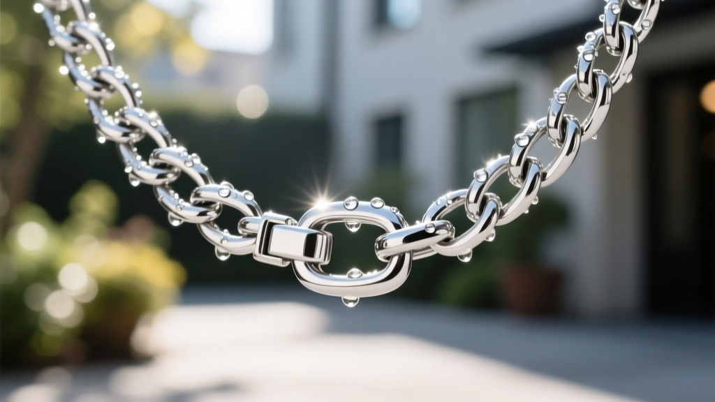 Macro shot of a 316L surgical stainless steel box chain necklace with a secure lobster clasp, glistening under bright outdoor sun