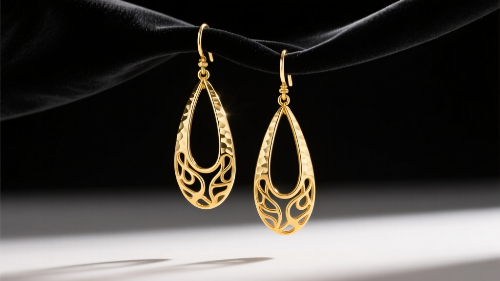 18k yellow gold long drop earrings on dark velvet, soft lighting highlighting the hammered metallic texture and elegant drape
